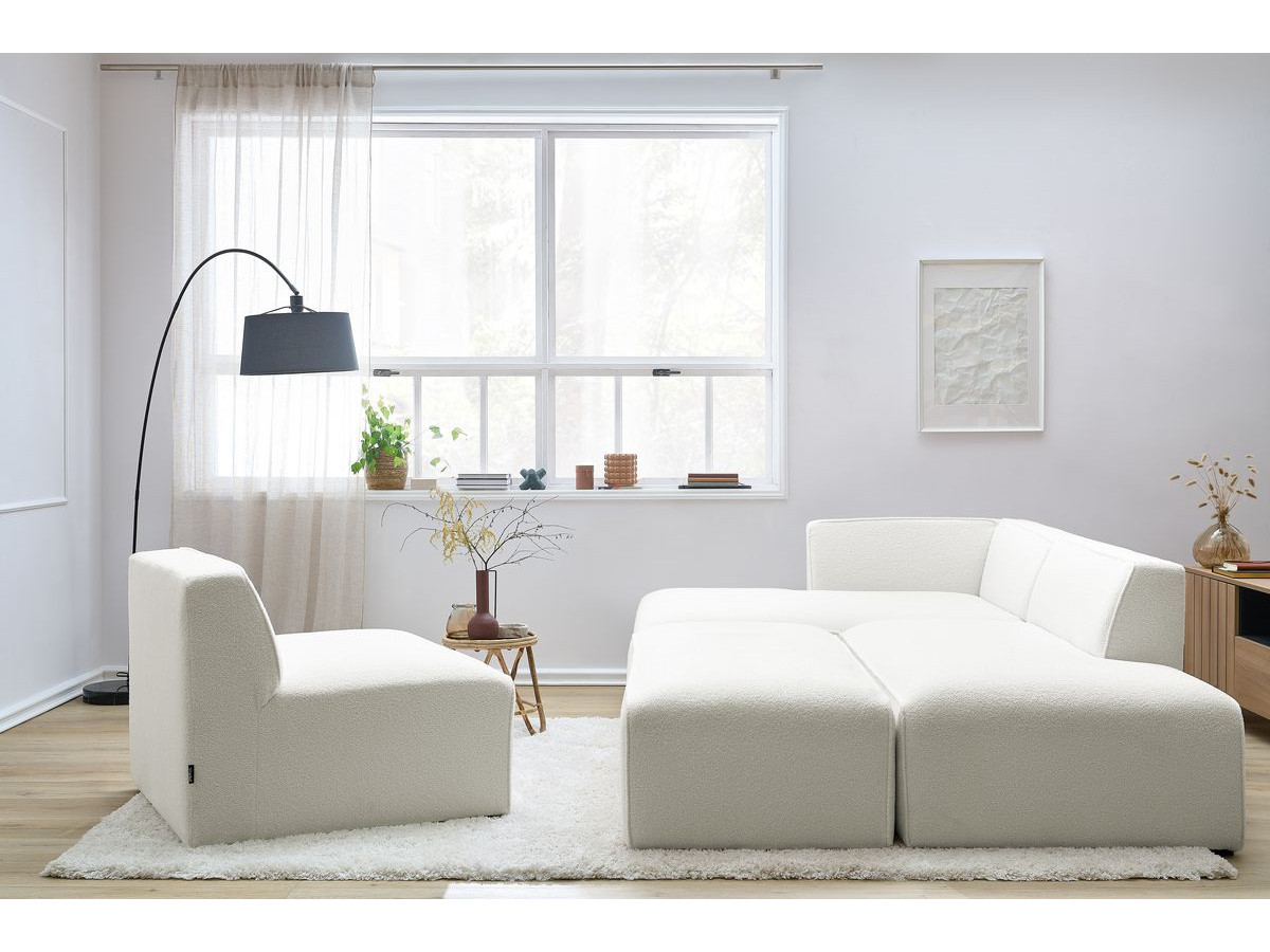 Canapé d'angle fixe modulable MEGEVE tissu bouclette avec 1 chauffeuse et 1 pouf