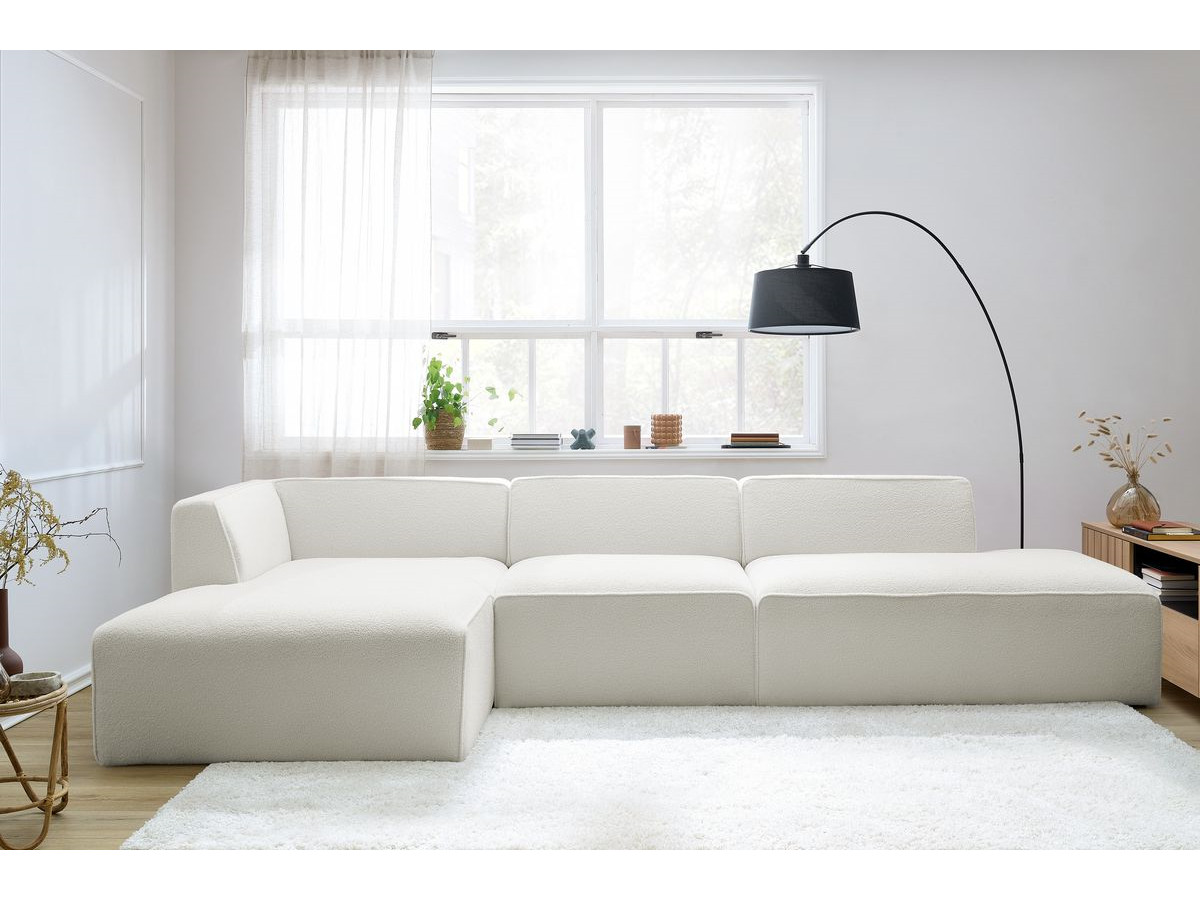 Canapé d'angle fixe modulable MEGEVE tissu bouclette avec 1 chauffeuse et 1 pouf
