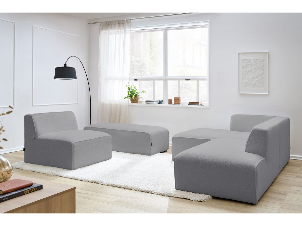 Canapé d'angle fixe modulable MEGEVE tissu bouclette avec 1 chauffeuse et 1 pouf
