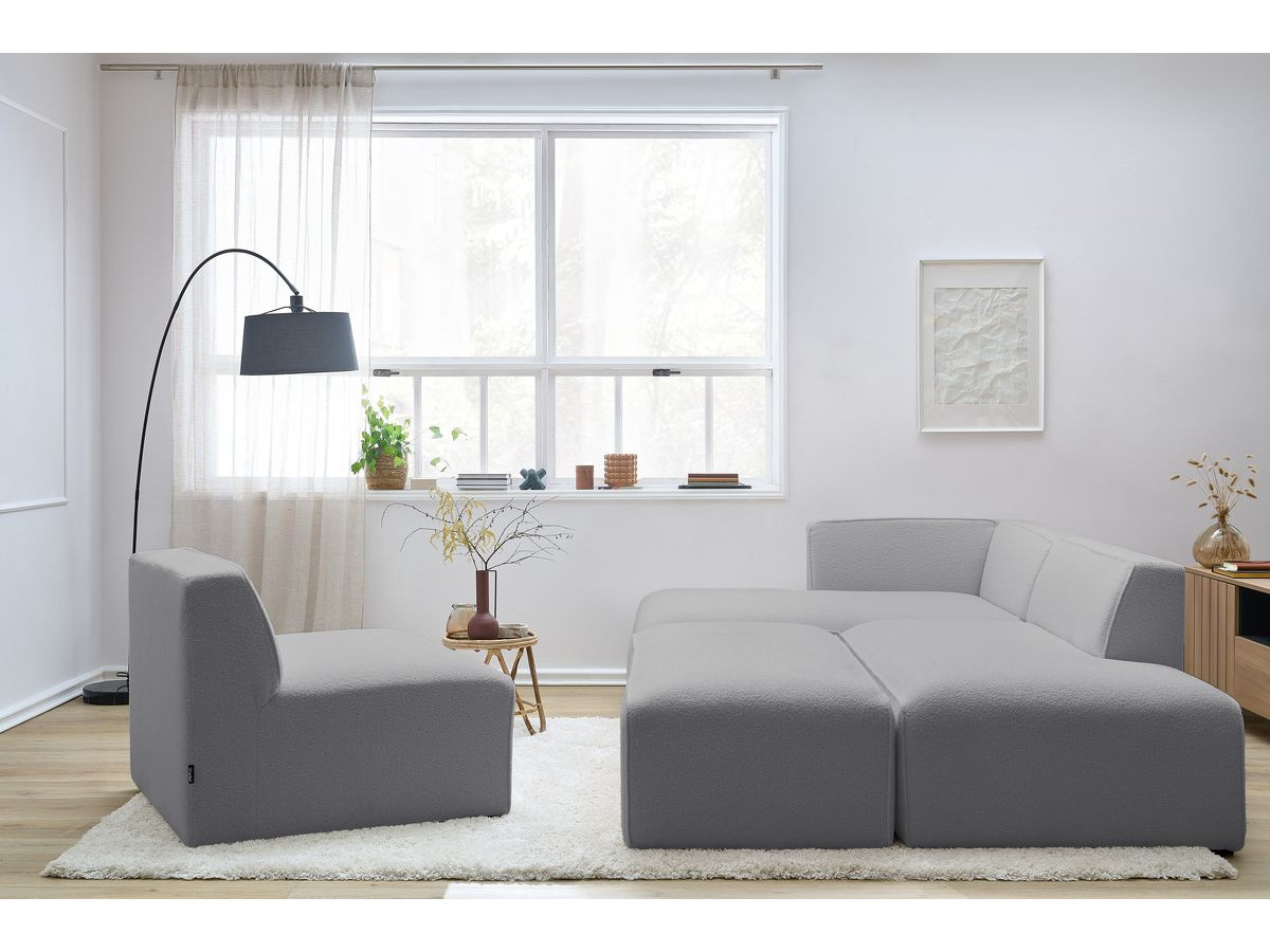 Canapé d'angle fixe modulable MEGEVE tissu bouclette avec 1 chauffeuse et 1 pouf