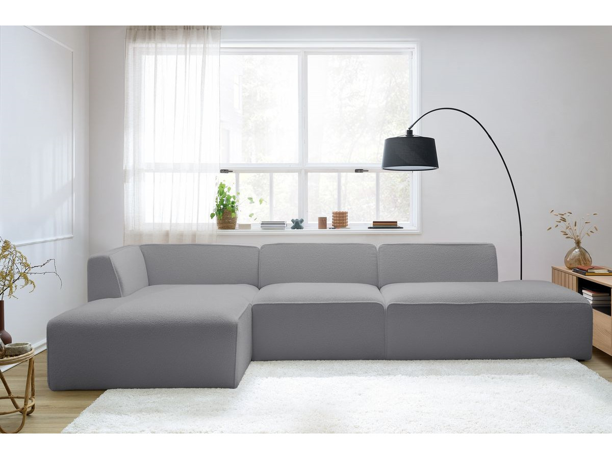 Canapé d'angle fixe modulable MEGEVE tissu bouclette avec 1 chauffeuse et 1 pouf