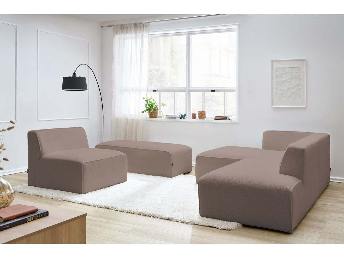 Canapé d'angle fixe modulable MEGEVE tissu bouclette avec 1 chauffeuse et 1 pouf