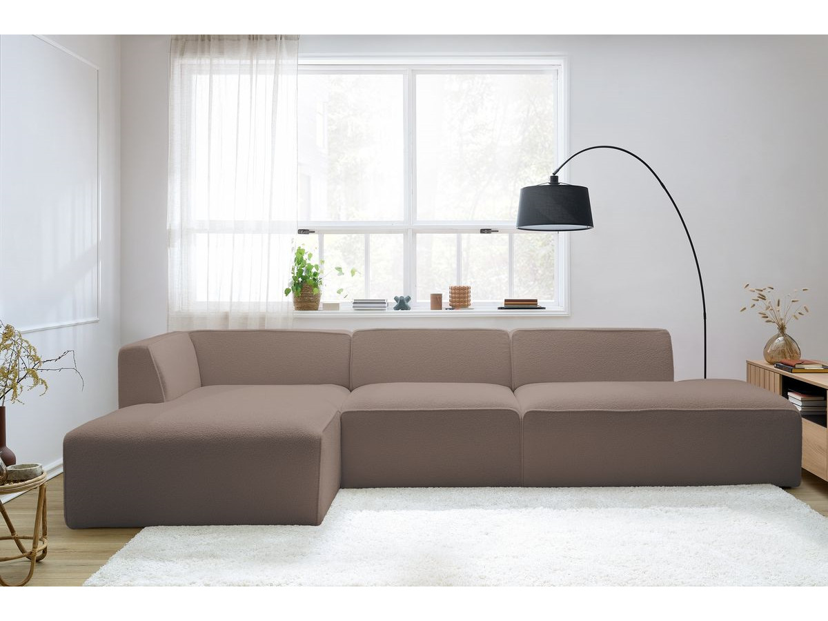 Canapé d'angle fixe modulable MEGEVE tissu bouclette avec 1 chauffeuse et 1 pouf