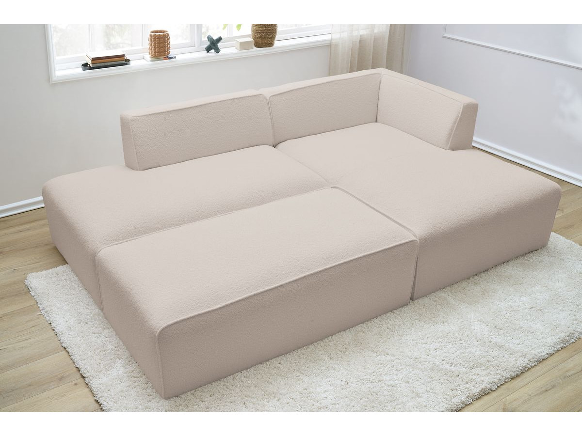 Canapé d'angle fixe modulable MEGEVE tissu bouclette avec pouf