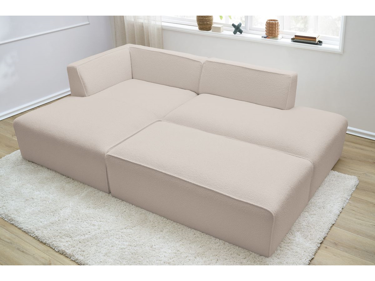 Canapé d'angle fixe modulable MEGEVE tissu bouclette avec pouf