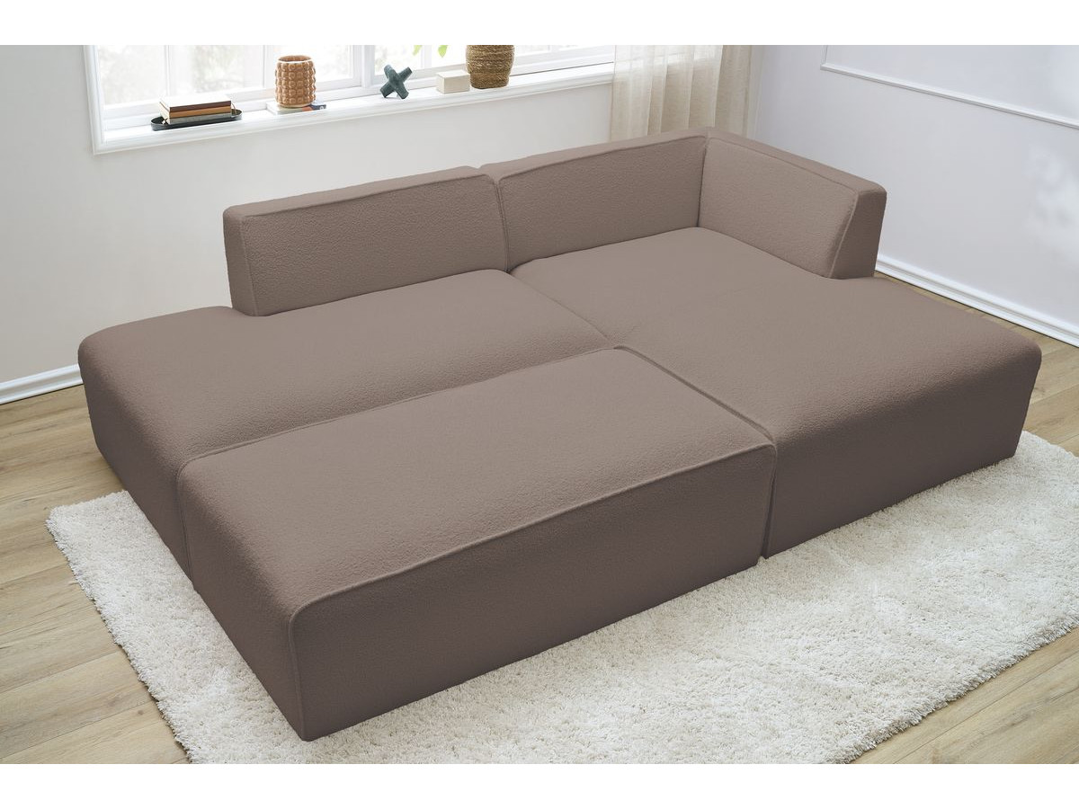 Canapé d'angle fixe modulable MEGEVE tissu bouclette avec pouf