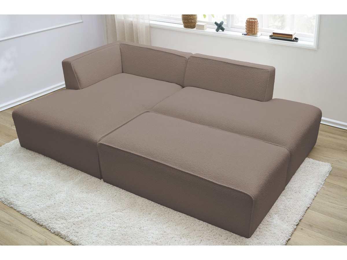Canapé d'angle fixe modulable MEGEVE tissu bouclette avec pouf
