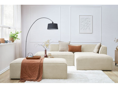 Canapé d'angle fixe modulable MEGEVE tissu velours côtelé avec pouf