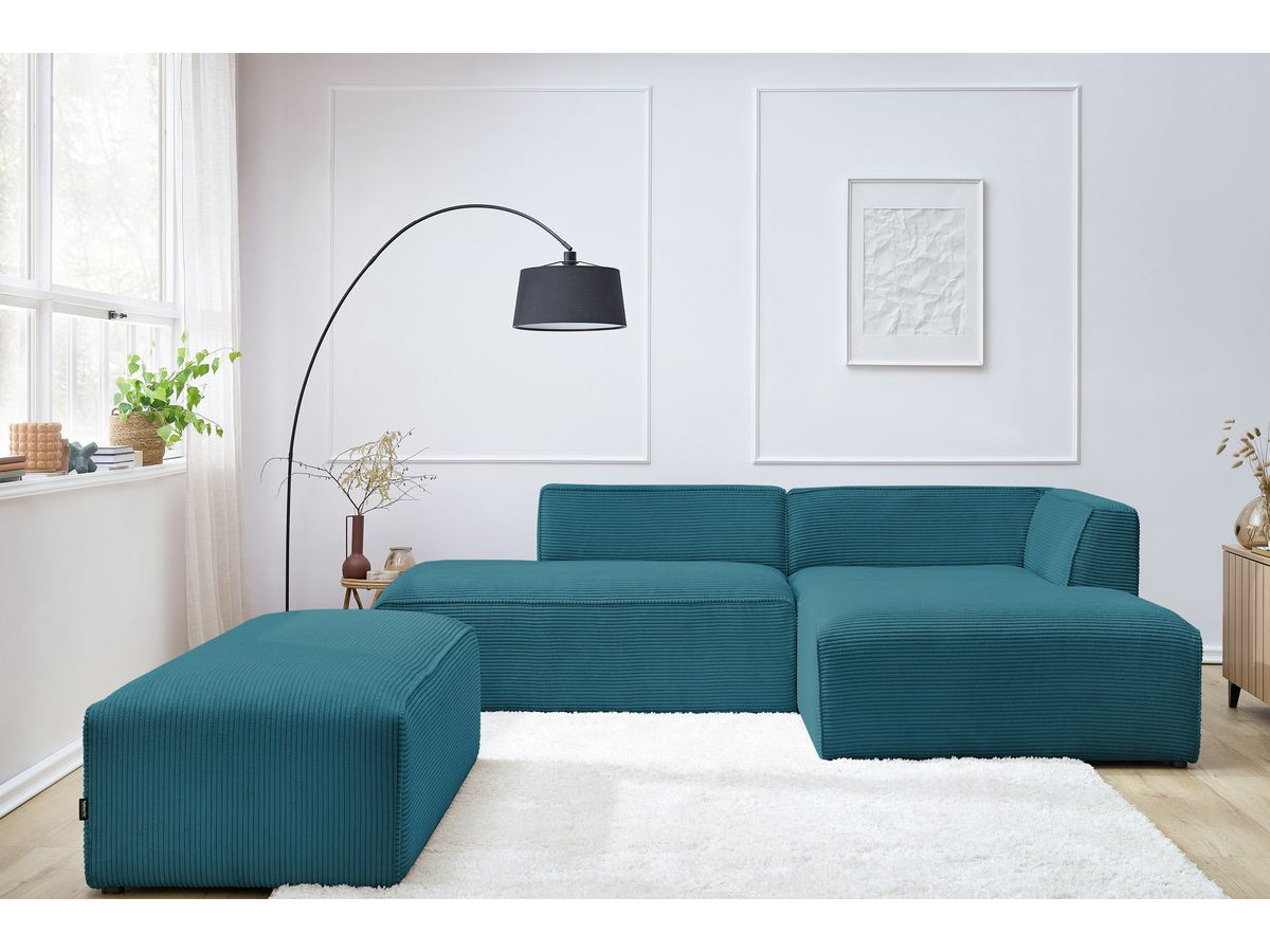 Canapé d'angle fixe modulable MEGEVE tissu velours côtelé avec pouf bleu foncé angle droit BOBOCHIC 5 places - Vue supplémentaire 3