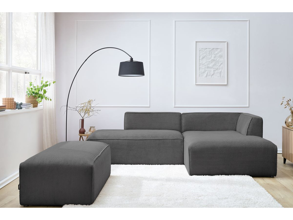 Canapé d'angle fixe modulable MEGEVE tissu velours côtelé avec pouf gris foncé angle droit BOBOCHIC 5 places - Vue supplémentaire 3