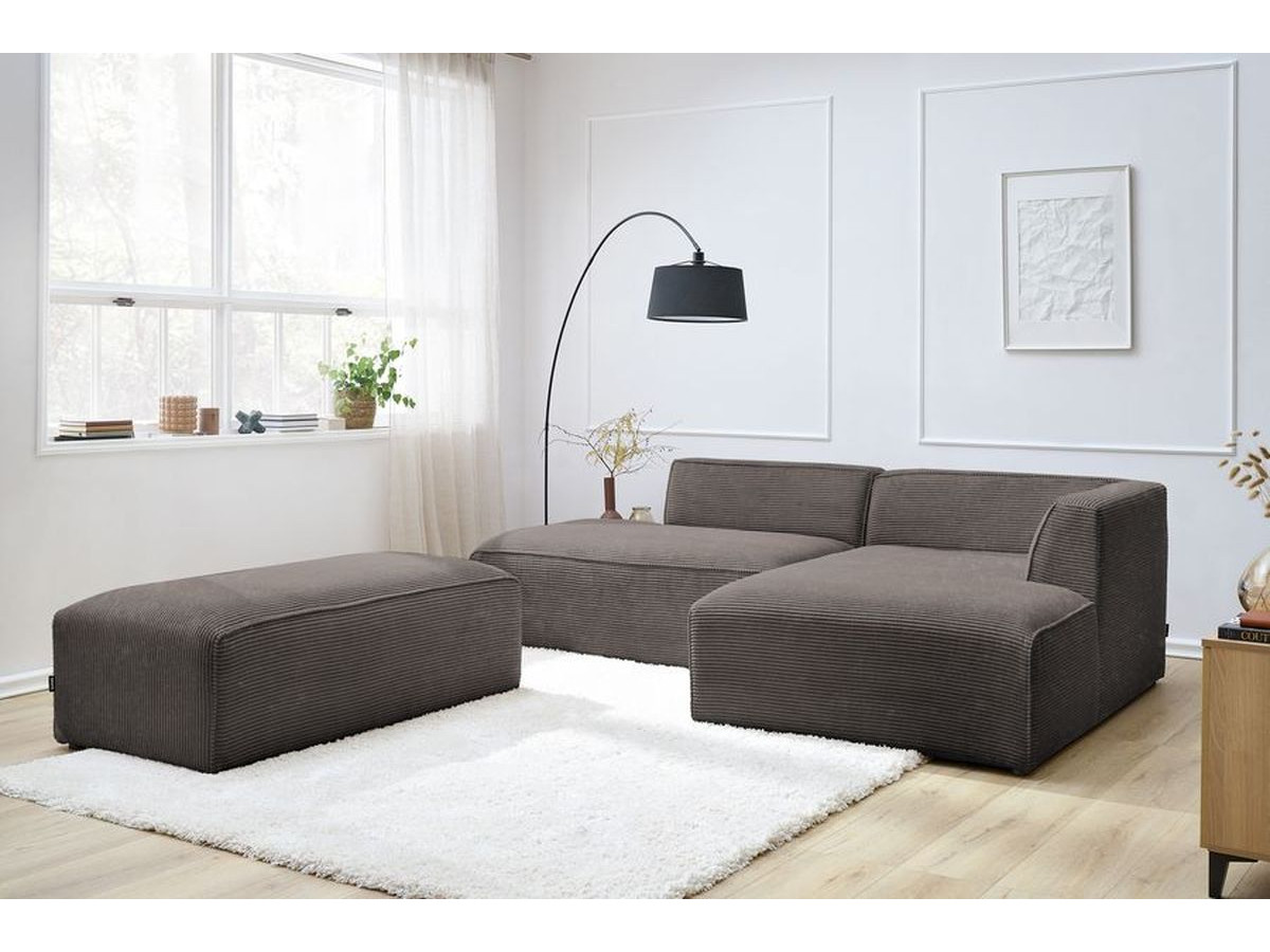 Canapé d'angle fixe modulable MEGEVE tissu velours côtelé avec pouf