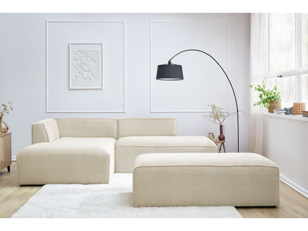 Canapé d'angle fixe modulable MEGEVE tissu velours côtelé avec pouf beige angle gauche BOBOCHIC 5 places - Vue supplémentaire 3