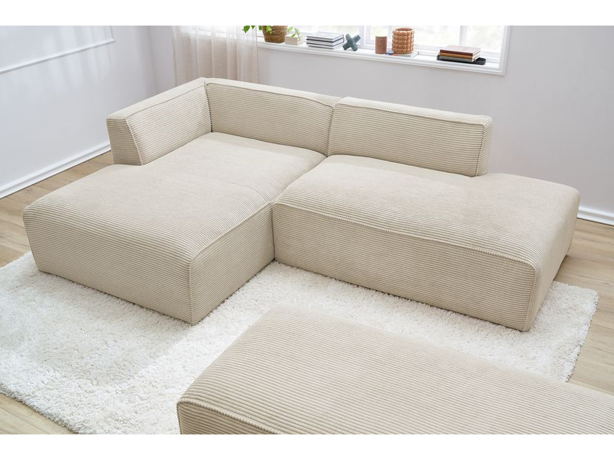 Canapé d'angle fixe modulable MEGEVE tissu velours côtelé avec pouf