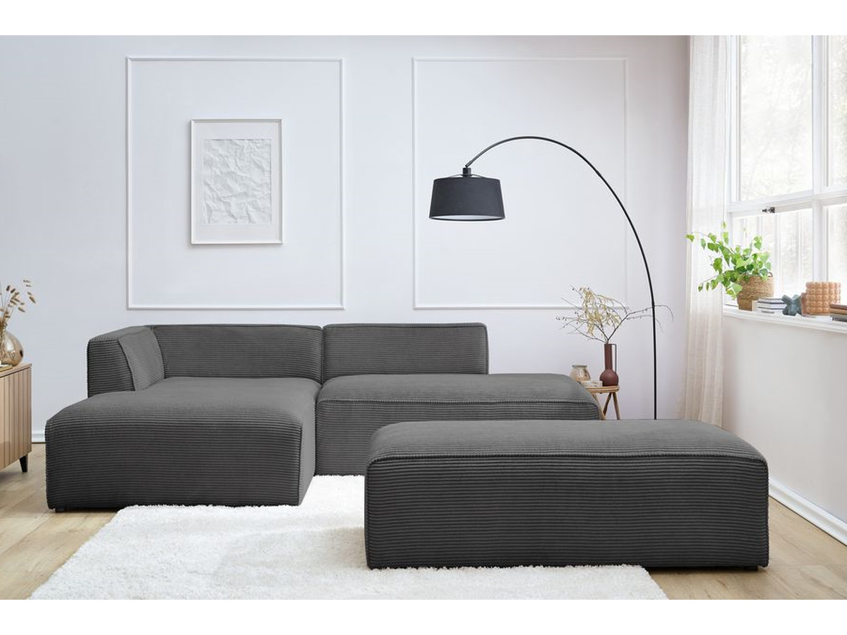 Canapé d'angle fixe modulable MEGEVE tissu velours côtelé avec pouf