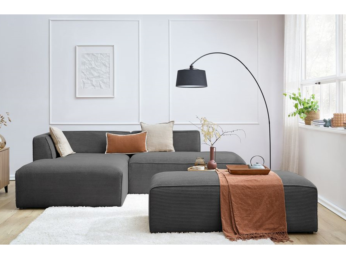 Canapé d'angle fixe modulable MEGEVE tissu velours côtelé avec pouf