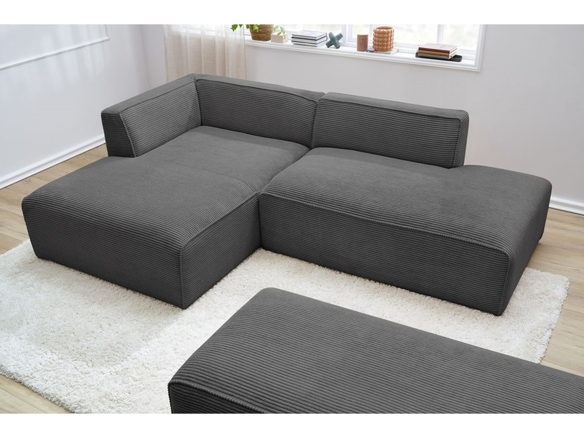 Canapé d'angle fixe modulable MEGEVE tissu velours côtelé avec pouf