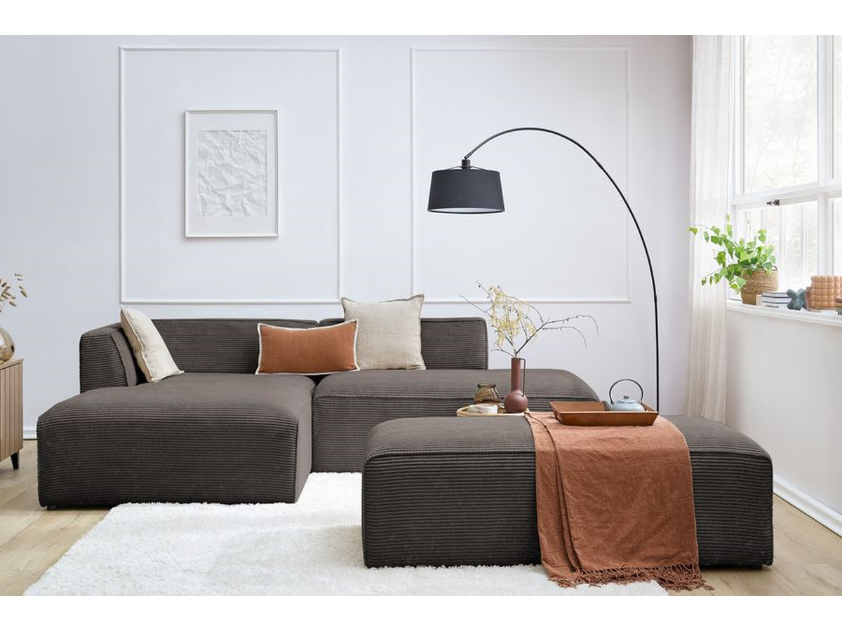 Canapé d'angle fixe modulable MEGEVE tissu velours côtelé avec pouf
