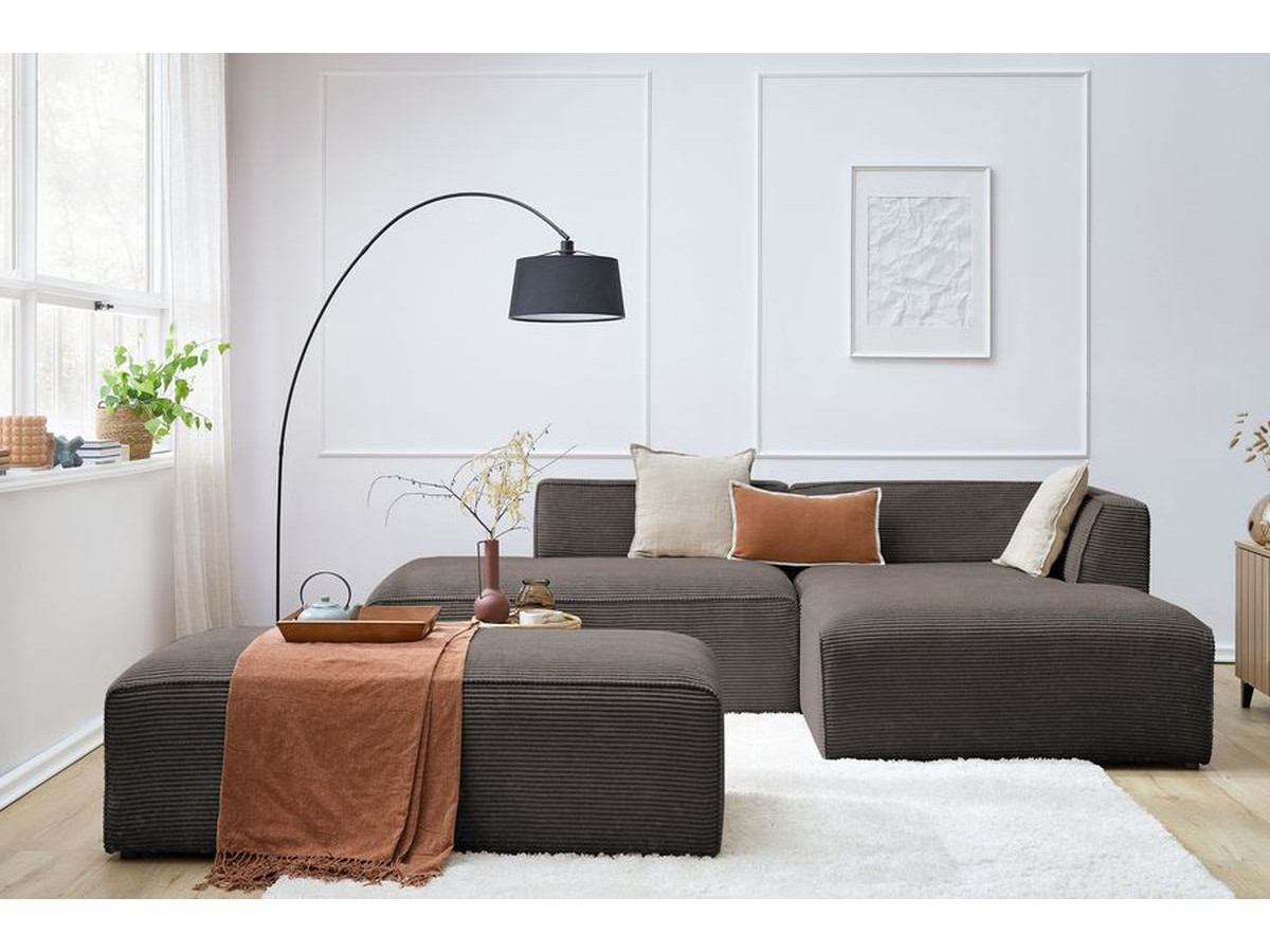 Canapé d'angle fixe modulable MEGEVE tissu velours côtelé avec pouf