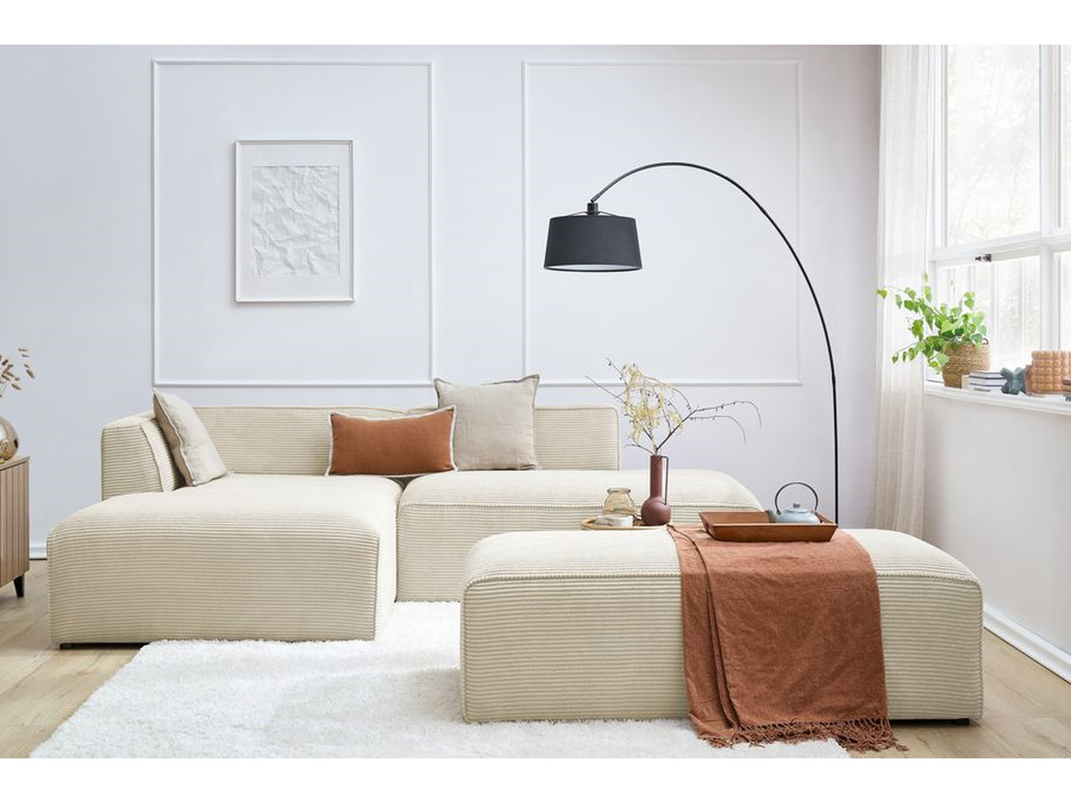 Canapé d'angle fixe modulable MEGEVE tissu velours côtelé avec pouf