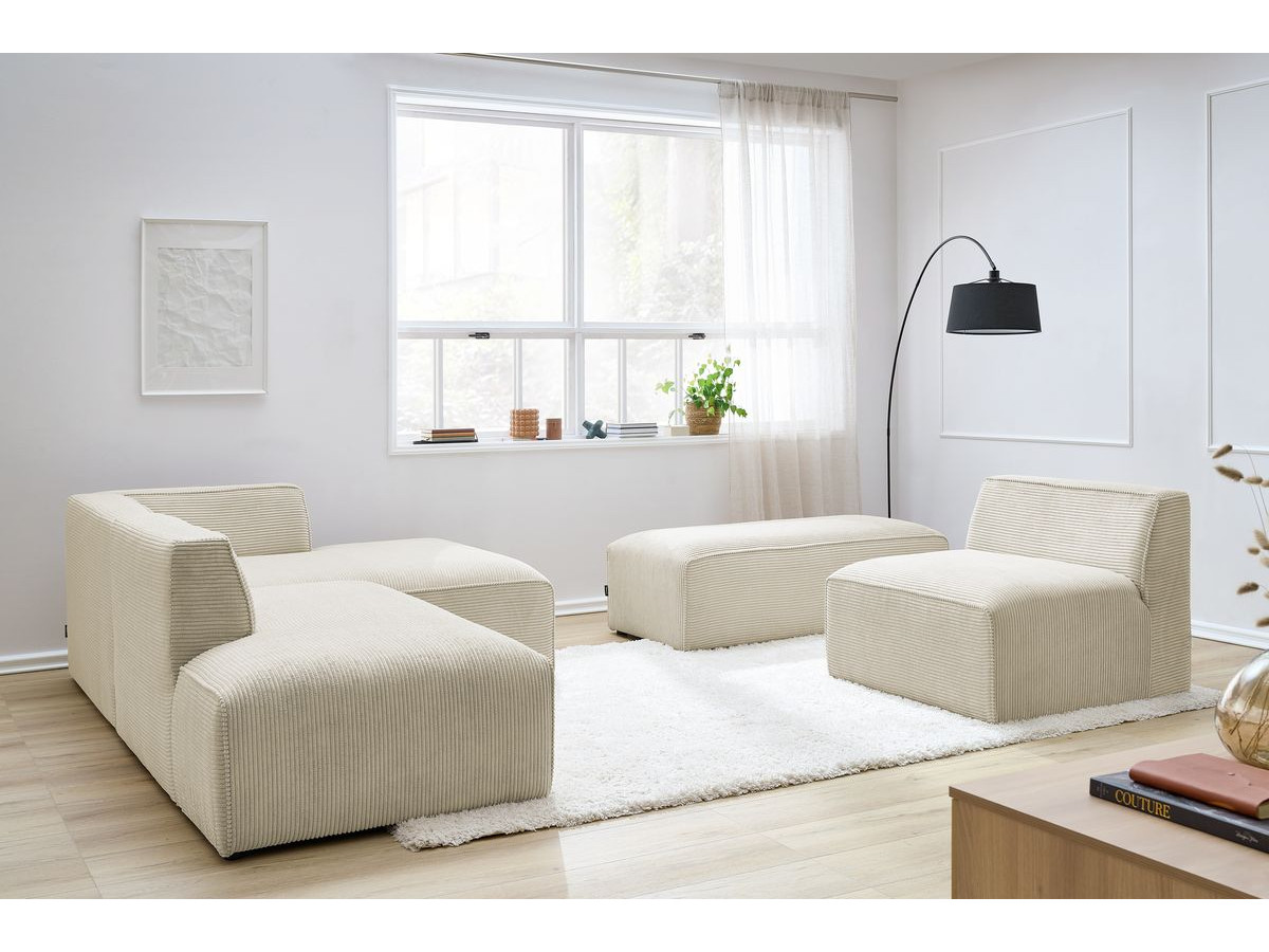 Canapé d'angle fixe modulable MEGEVE tissu velours côtelé avec 1 chauffeuse et 1 pouf beige angle droit BOBOCHIC 6 places - Vue supplémentaire 3