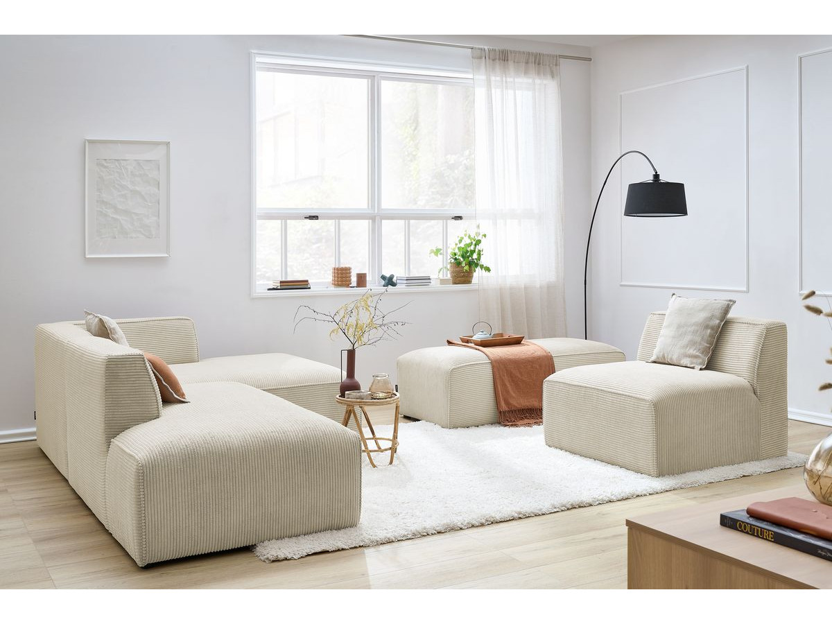 Canapé d'angle fixe modulable MEGEVE tissu velours côtelé avec 1 chauffeuse et 1 pouf