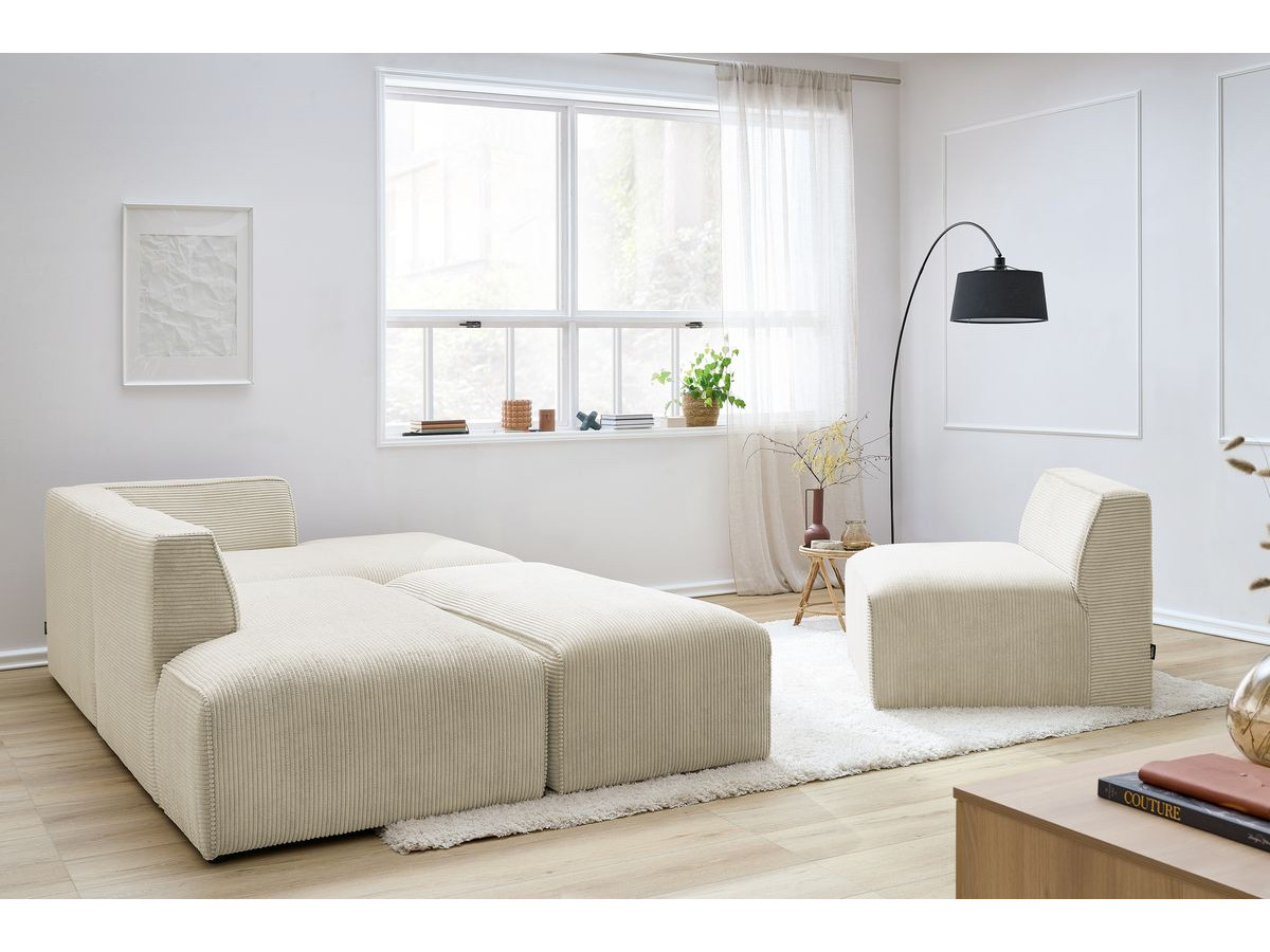 Canapé d'angle fixe modulable MEGEVE tissu velours côtelé avec 1 chauffeuse et 1 pouf