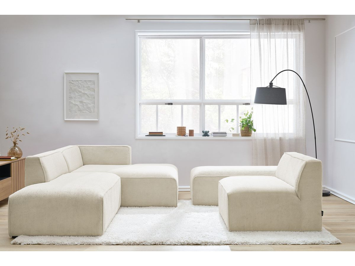 Canapé d'angle fixe modulable MEGEVE tissu velours côtelé avec 1 chauffeuse et 1 pouf