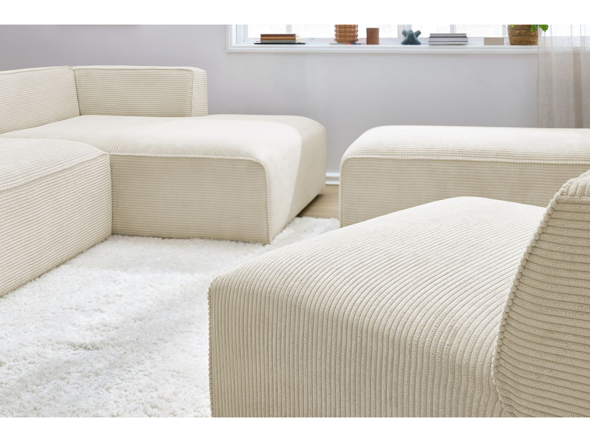 Canapé d'angle fixe modulable MEGEVE tissu velours côtelé avec 1 chauffeuse et 1 pouf