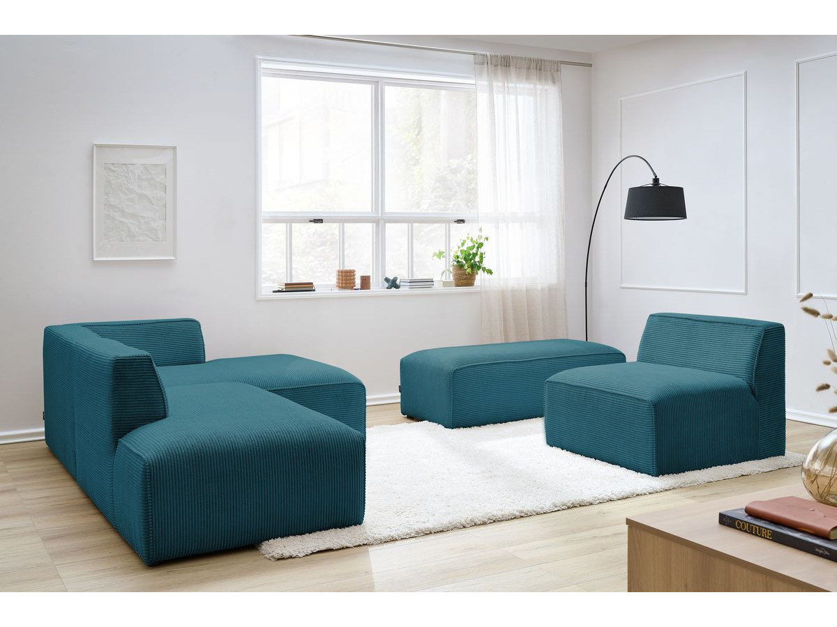 Canapé d'angle fixe modulable MEGEVE tissu velours côtelé avec 1 chauffeuse et 1 pouf bleu foncé  angle droit BOBOCHIC 6 places - Vue supplémentaire 3