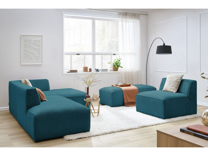 Canapé d'angle fixe modulable MEGEVE tissu velours côtelé avec 1 chauffeuse et 1 pouf