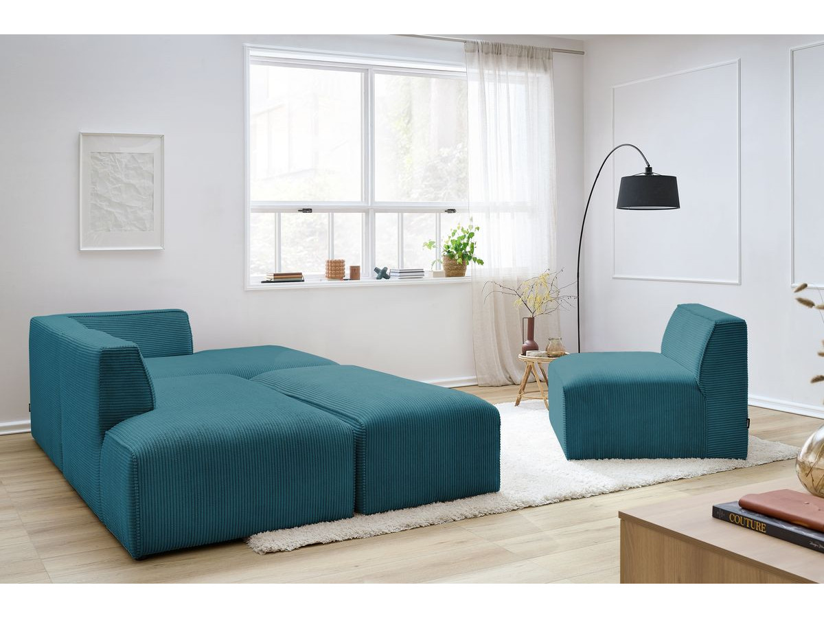 Canapé d'angle fixe modulable MEGEVE tissu velours côtelé avec 1 chauffeuse et 1 pouf