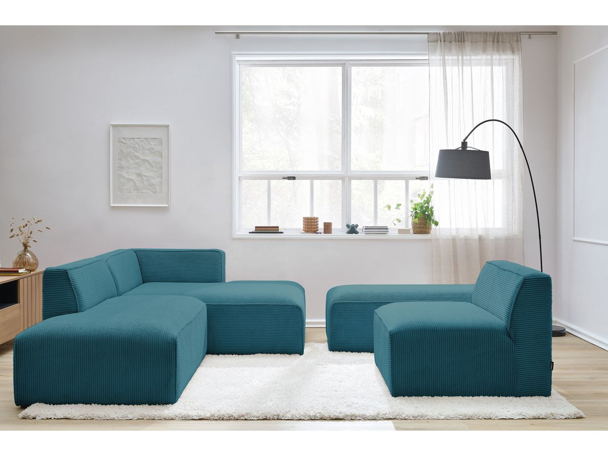 Canapé d'angle fixe modulable MEGEVE tissu velours côtelé avec 1 chauffeuse et 1 pouf
