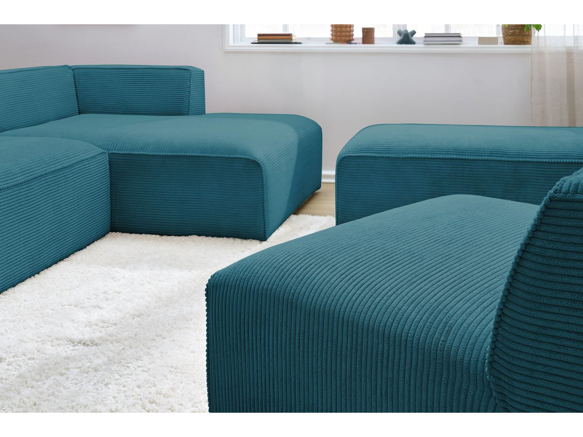 Canapé d'angle fixe modulable MEGEVE tissu velours côtelé avec 1 chauffeuse et 1 pouf