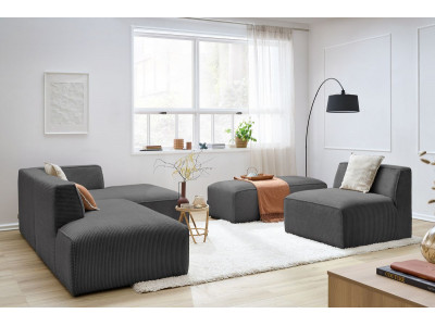 Canapé d'angle fixe modulable MEGEVE tissu velours côtelé avec 1 chauffeuse et 1 pouf