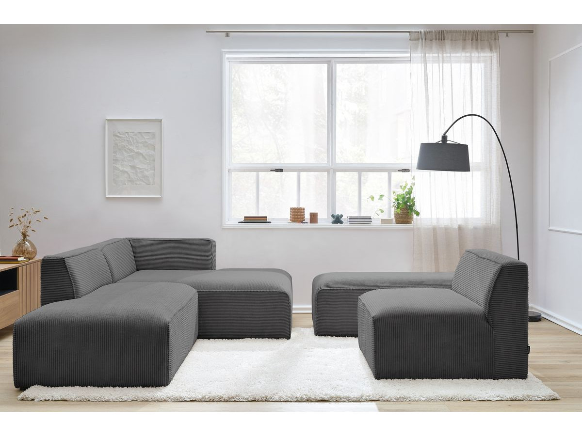 Canapé d'angle fixe modulable MEGEVE tissu velours côtelé avec 1 chauffeuse et 1 pouf