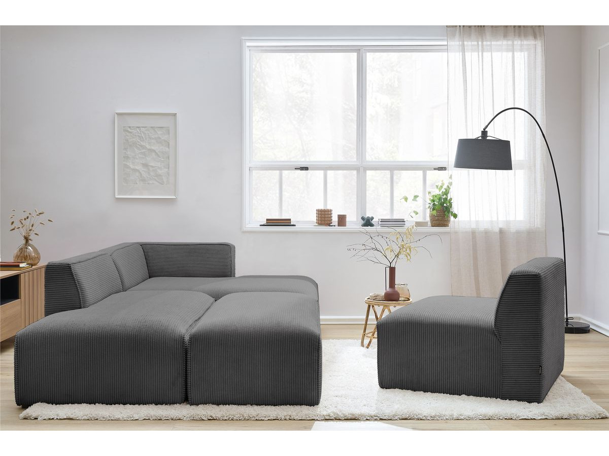 Canapé d'angle fixe modulable MEGEVE tissu velours côtelé avec 1 chauffeuse et 1 pouf