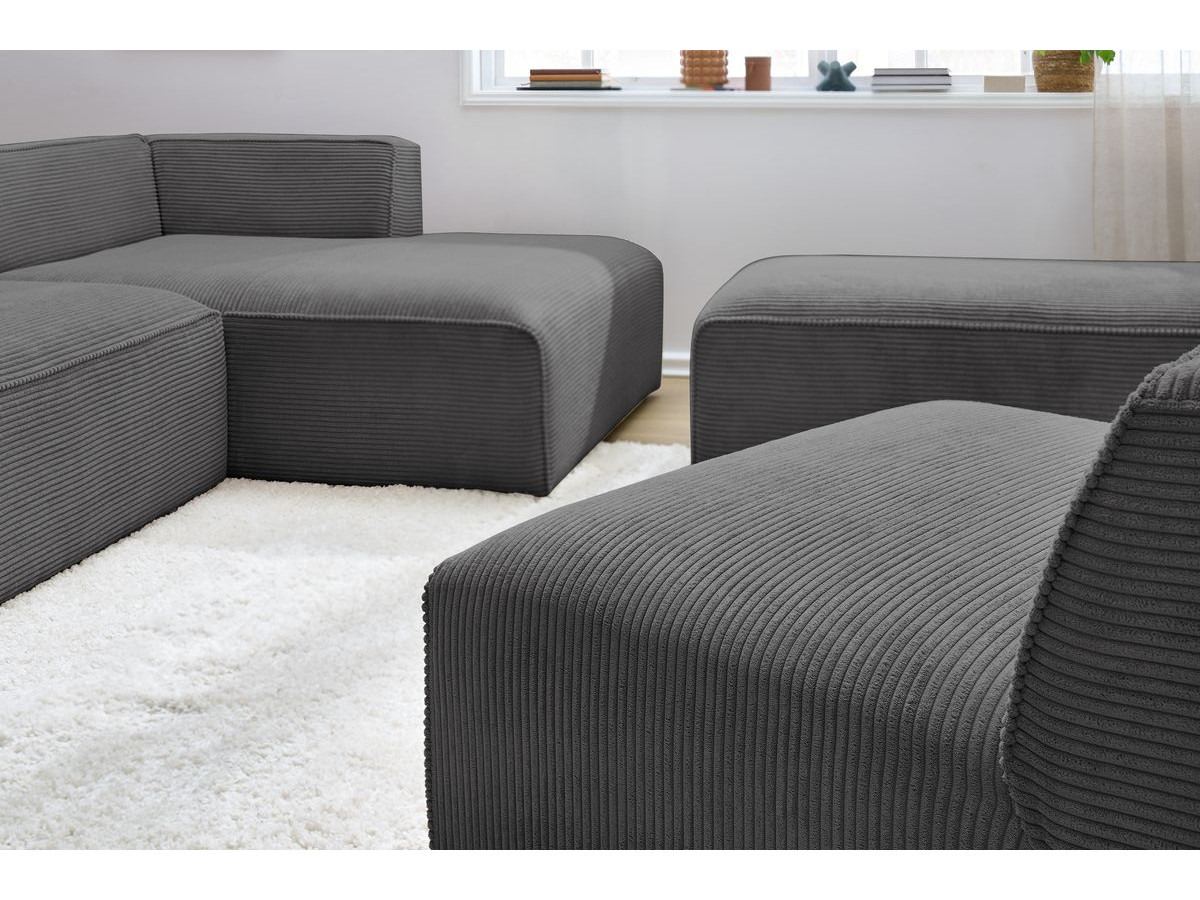 Canapé d'angle fixe modulable MEGEVE tissu velours côtelé avec 1 chauffeuse et 1 pouf