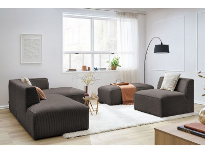 Canapé d'angle fixe modulable MEGEVE tissu velours côtelé avec 1 chauffeuse et 1 pouf