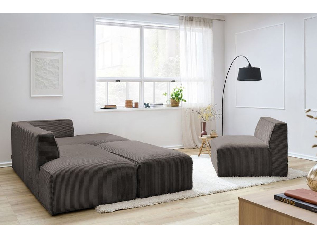 Canapé d'angle fixe modulable MEGEVE tissu velours côtelé avec 1 chauffeuse et 1 pouf