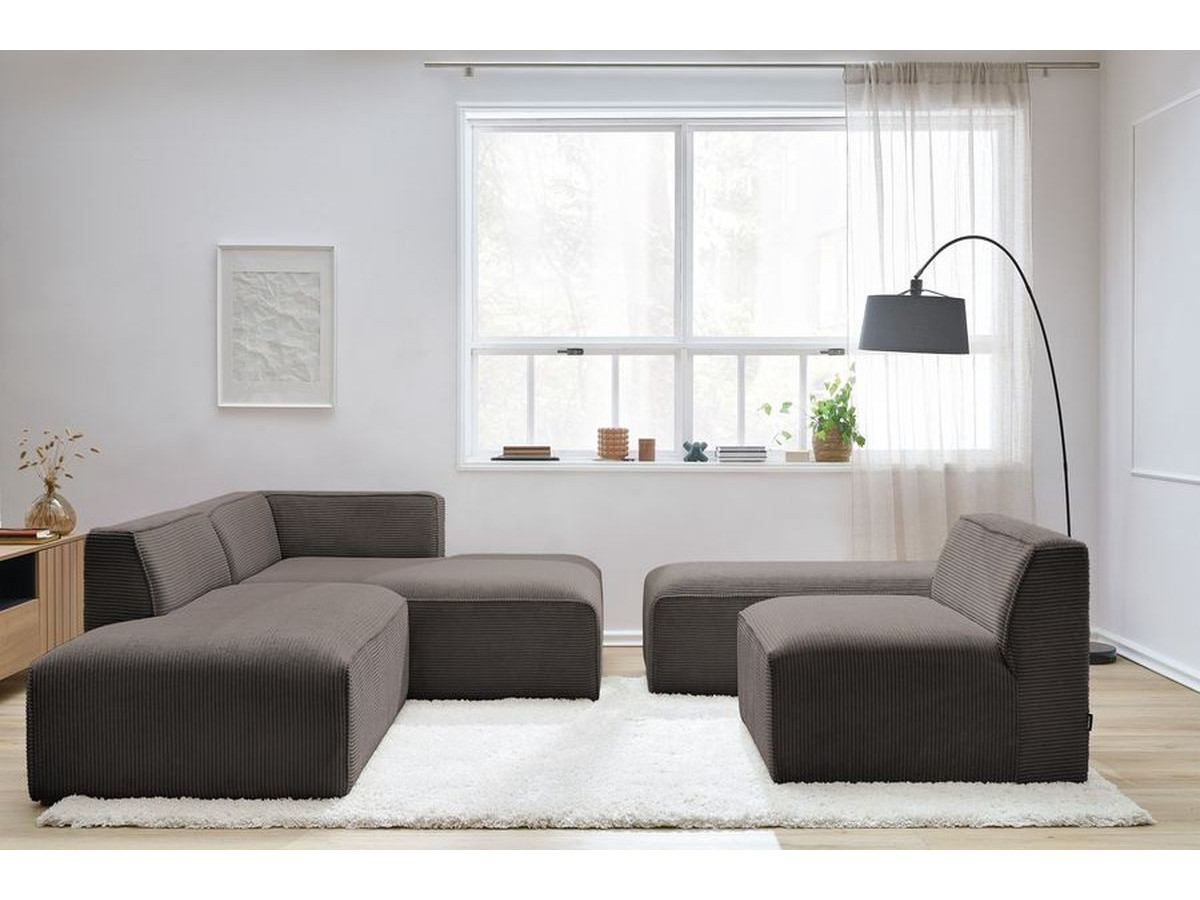 Canapé d'angle fixe modulable MEGEVE tissu velours côtelé avec 1 chauffeuse et 1 pouf