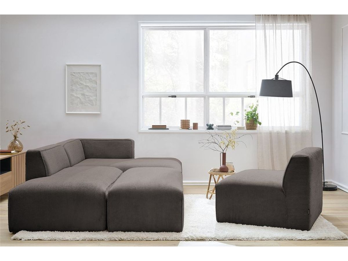 Canapé d'angle fixe modulable MEGEVE tissu velours côtelé avec 1 chauffeuse et 1 pouf