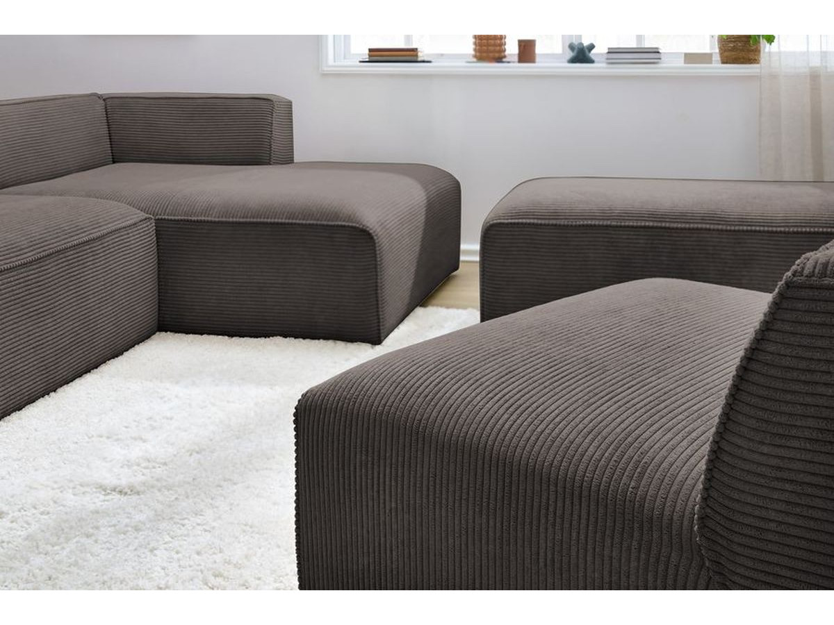 Canapé d'angle fixe modulable MEGEVE tissu velours côtelé avec 1 chauffeuse et 1 pouf