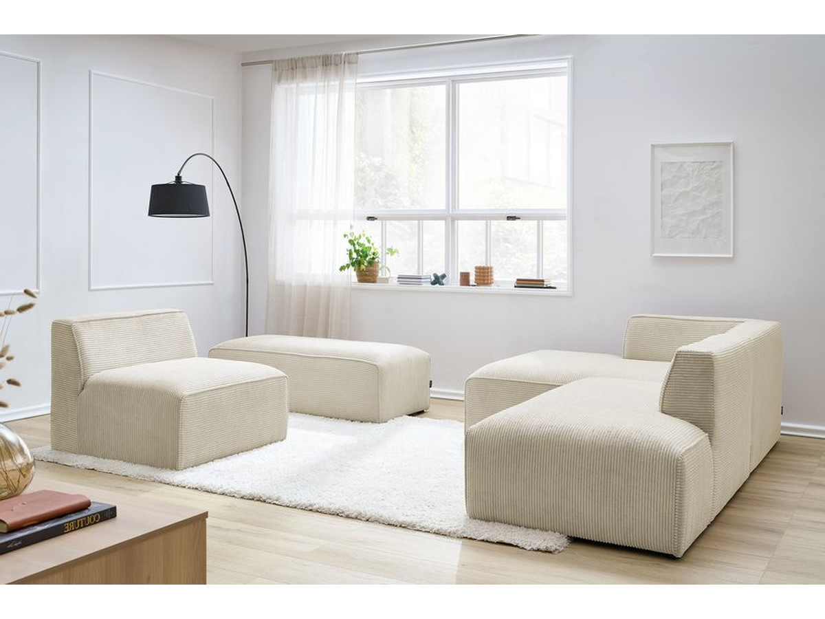 Canapé d'angle fixe modulable MEGEVE tissu velours côtelé avec 1 chauffeuse et 1 pouf beige angle gauche BOBOCHIC 6 places - Vue supplémentaire 3