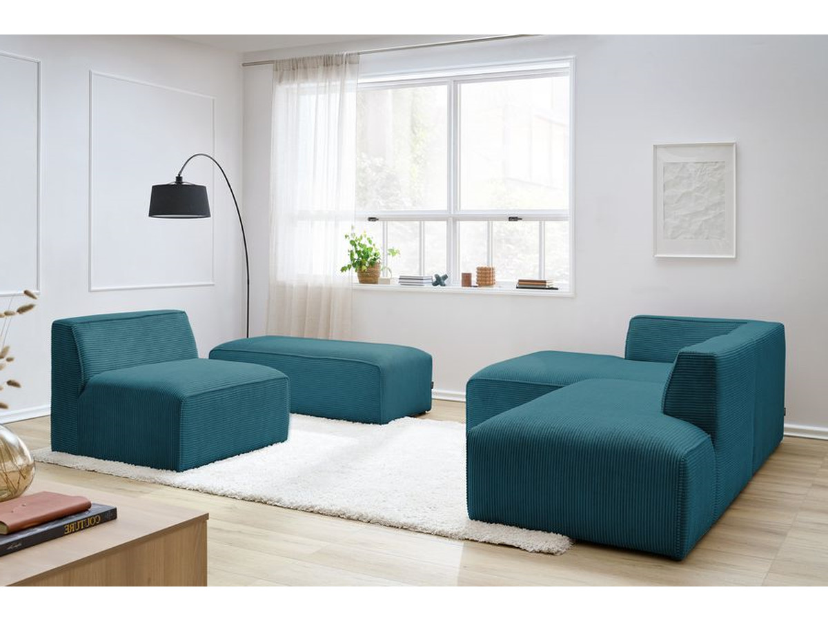 Canapé d'angle fixe modulable MEGEVE tissu velours côtelé avec 1 chauffeuse et 1 pouf bleu foncé angle gauche BOBOCHIC 6 places - Vue supplémentaire 3