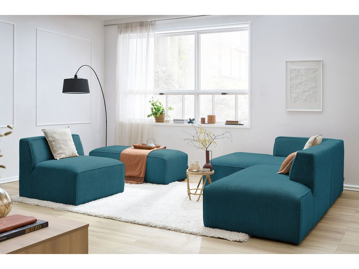 Canapé d'angle fixe modulable MEGEVE tissu velours côtelé avec 1 chauffeuse et 1 pouf