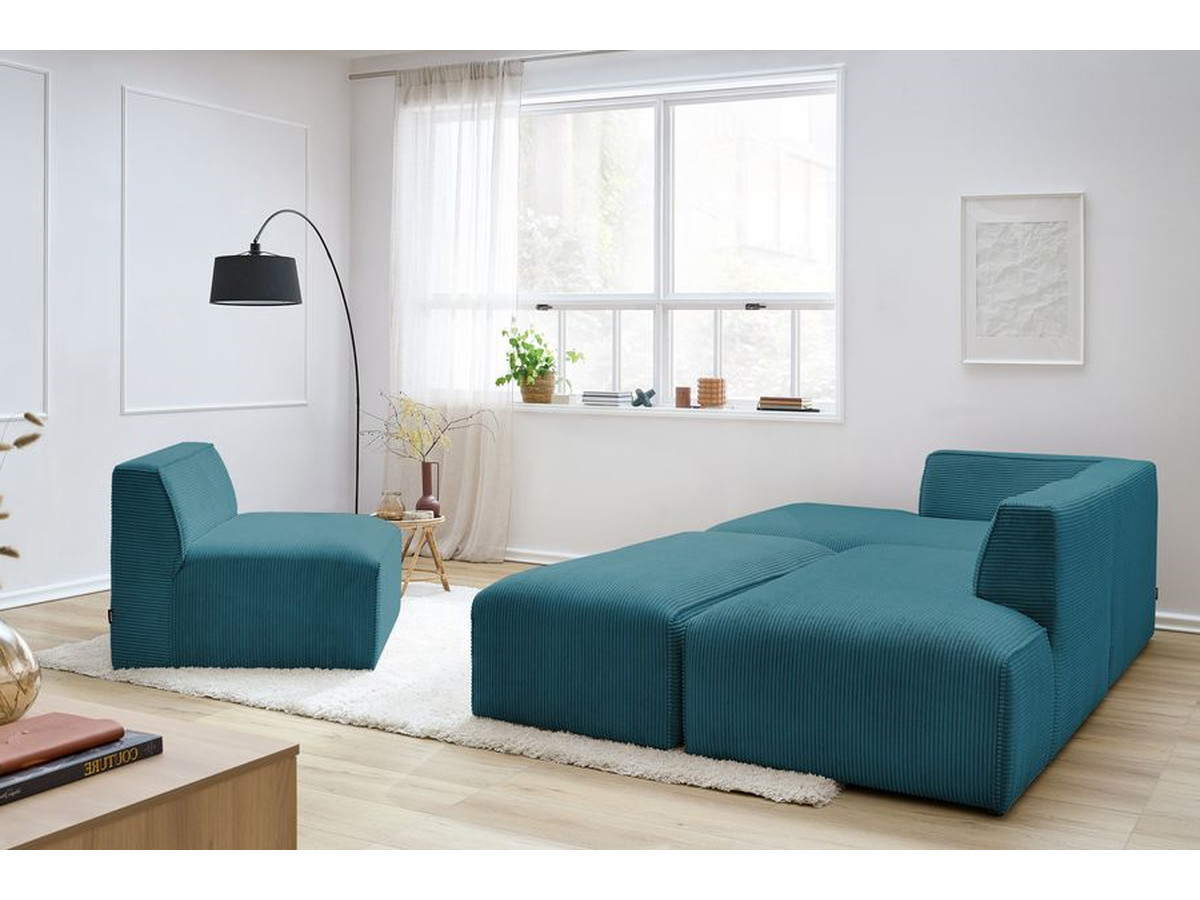 Canapé d'angle fixe modulable MEGEVE tissu velours côtelé avec 1 chauffeuse et 1 pouf