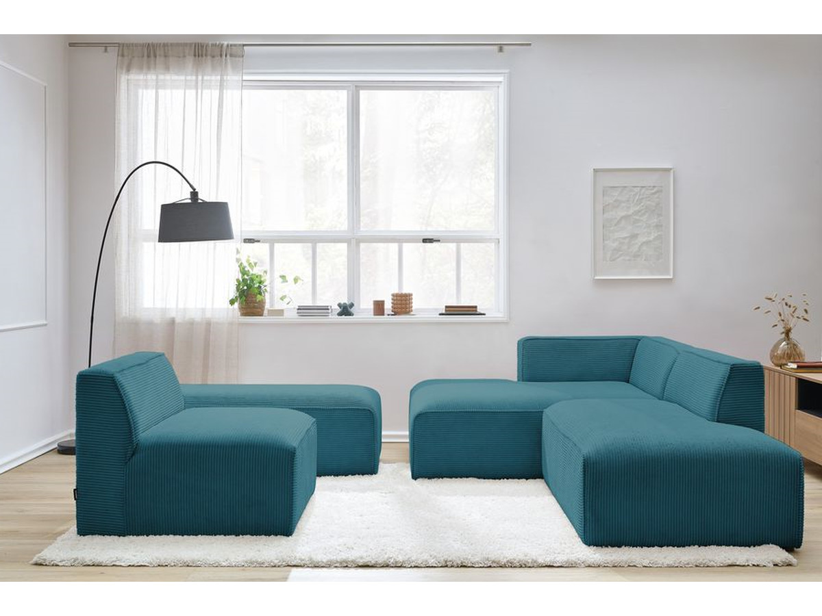 Canapé d'angle fixe modulable MEGEVE tissu velours côtelé avec 1 chauffeuse et 1 pouf