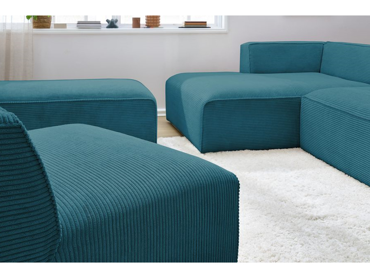 Canapé d'angle fixe modulable MEGEVE tissu velours côtelé avec 1 chauffeuse et 1 pouf