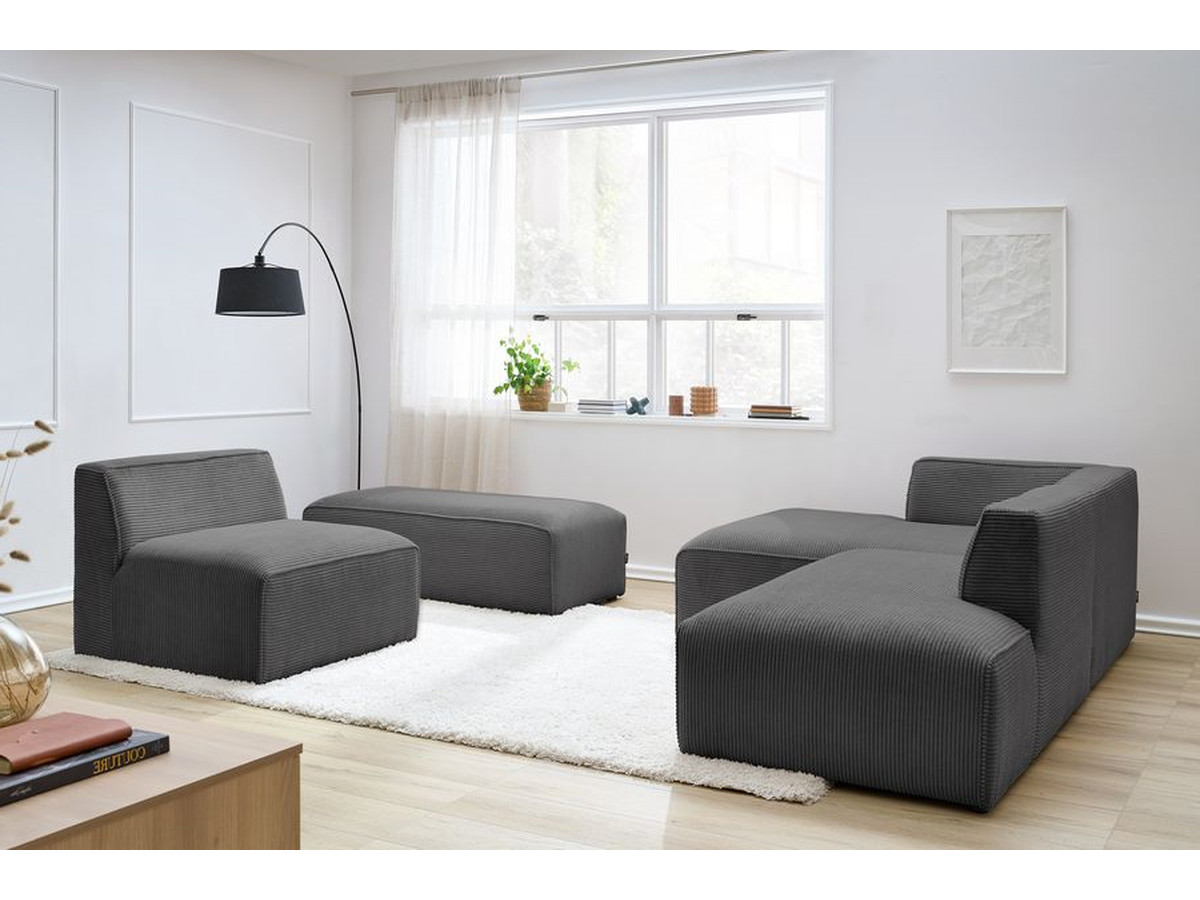 Canapé d'angle fixe modulable MEGEVE tissu velours côtelé avec 1 chauffeuse et 1 pouf gris foncé angle gauche BOBOCHIC 6 places - Vue supplémentaire 3