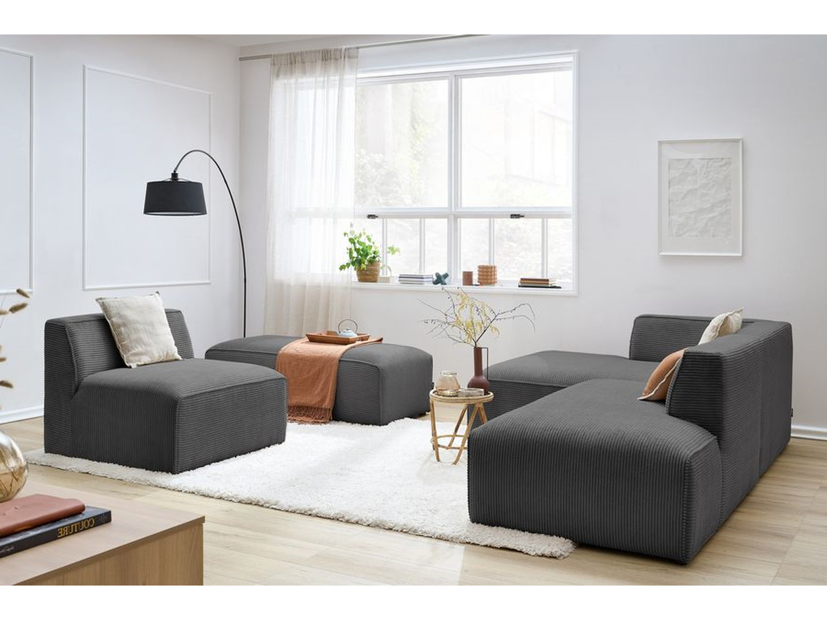 Canapé d'angle fixe modulable MEGEVE tissu velours côtelé avec 1 chauffeuse et 1 pouf